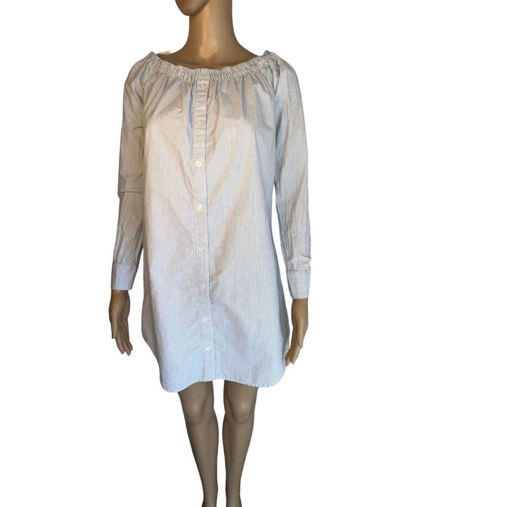 Mimi Chica women’s size small blue white pinstriped off shoulders shirt dress